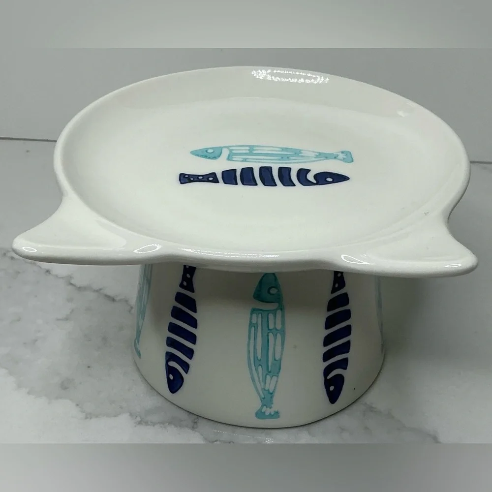 Signature Elevated Bowl Cat Food Blue & Aqua Ceramic Fish Design New